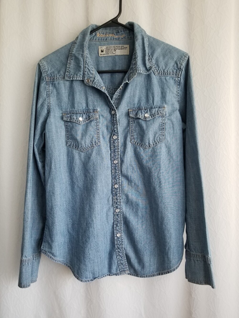 Rocks & Indigo Cowgirl Western Denim Snap Shirt Blue Long Sleeve M